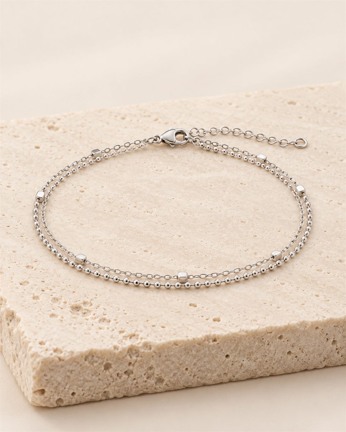 Pulsera de bolitas y cubos de plata, largo 16 + 3 cm