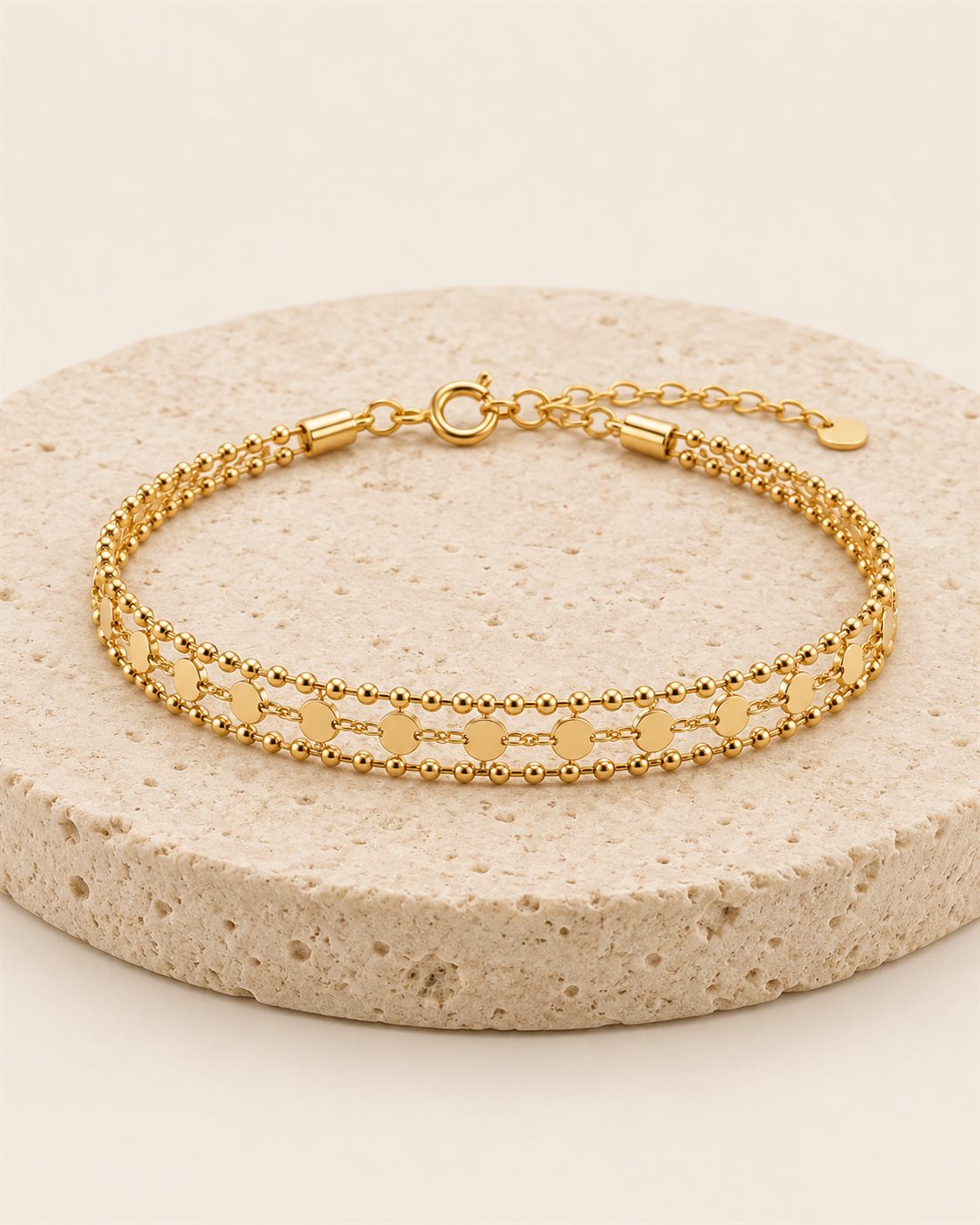 Pulsera doble con bolitas y baño de oro, doble cadena