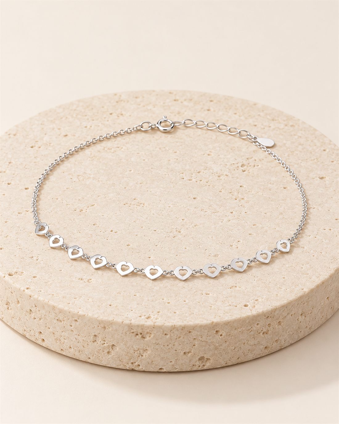 Tobillera de plata con corazón, largo 21 + 5 cm