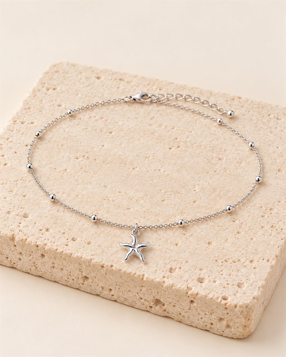 Tobillera de plata con estrella de mar, largo 22 + 3 cm