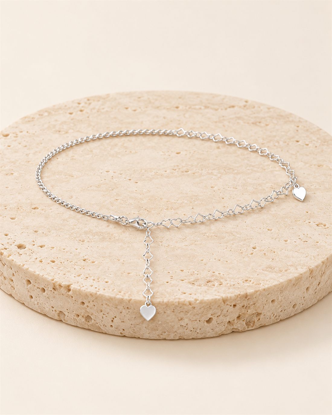 Tobillera doble de plata con corazones, largo 27 cm